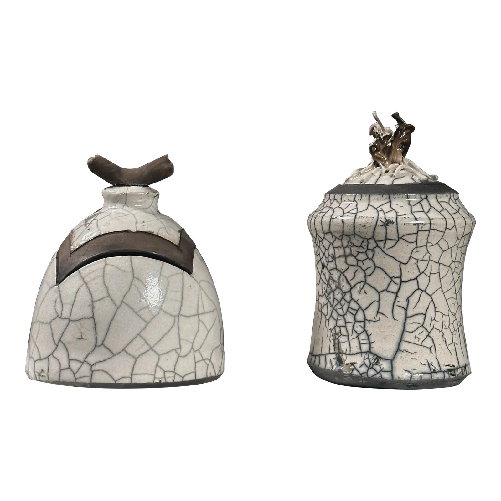 Pair of Vintage Postmodernist Raku Fired Crackle Glazed Lidded ...