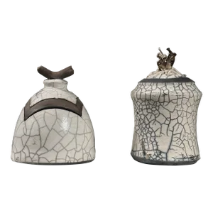 Pair of Vintage Postmodernist Raku Fired Crackle Glazed Lidded Stoneware Vessels, Signed