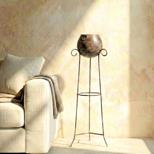 1970s 1970s Large Indoor Plant Stand, 47 Inch Tall Metal Floor Urn | Industrial Farmhouse Entryway Decor | Rustic Iron Flower Vase Statement Piece For Sale - Image 5 of 6