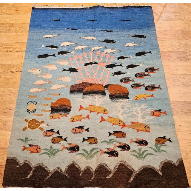 Late 20th Century Vintage Hand-Woven Kilim Rug, Ocean Scene, Mid-Century Modern, Turkey For Sale - Image 5 of 12