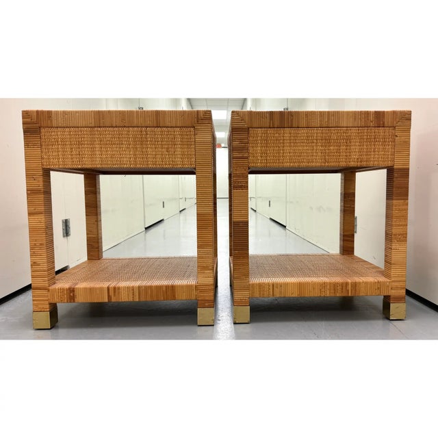 Signed Bielecky Brothers Caned Rattan Nightstands With Drawer For Sale - Image 11 of 12