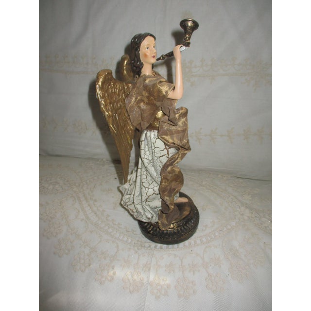 1980s Vintage Golden & White Ornate Angel Blowing Horn Candle Holder 14" For Sale - Image 5 of 11
