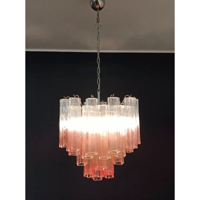 Mid-Century Modern Murano Glass Tube Chandelier – 36 Glasses Transparent With Pink Shades Tube For Sale - Image 3 of 11