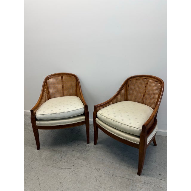 English Pair of Vintage Baker Furniture Walnut & Cane Barrel Lounge Chairs For Sale - Image 3 of 17