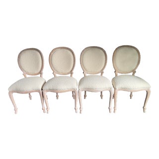 Set of Four Vintage Italian Carved Wood Rope Chairs Upholstered in White Boucle For Sale