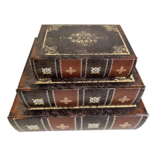 2020s Vintage Decorative Faux Leather Book Boxes, Tosnail's Antique Stackable Book Storage - 3 Pieces For Sale