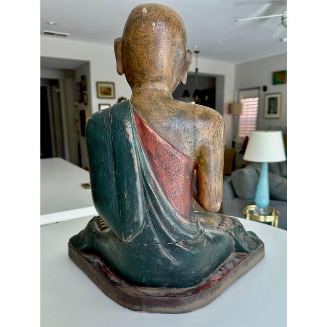 Green Antique Burmese Buddhist Monk Polychrome Wood Carving Statue For Sale - Image 8 of 18