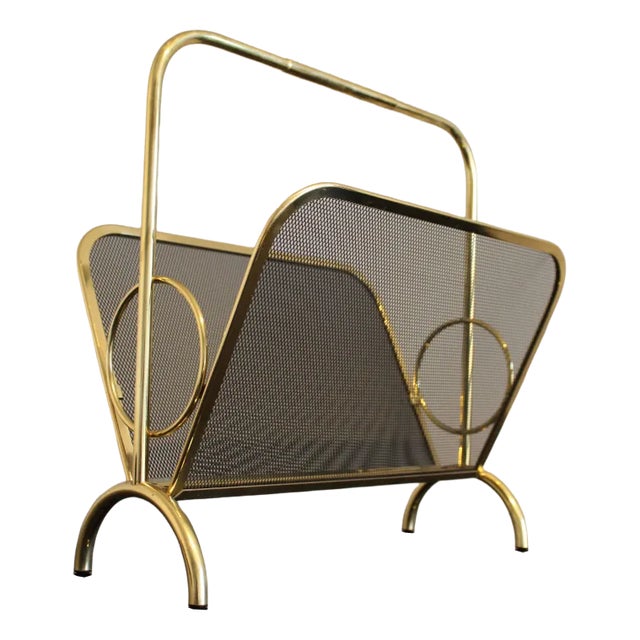 Magazine Rack in Brass and Black Lacquered Metal, Italy, 1970s For Sale