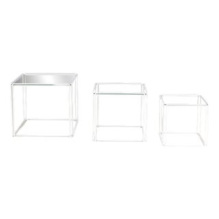 Isocele Nesting Tables in White Metal with Glass Tops by Max Sauze, France, 1970s, Set of 3 For Sale
