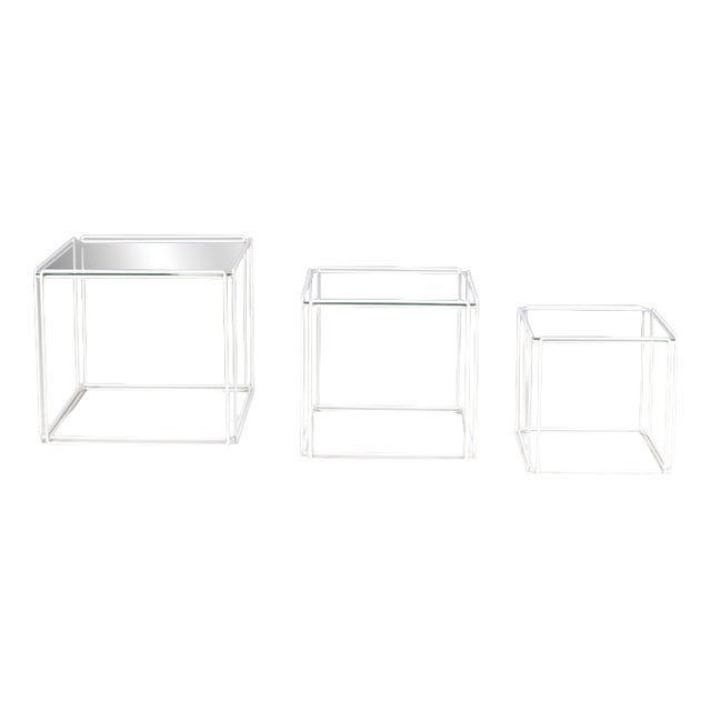 Isocele Nesting Tables in White Metal with Glass Tops by Max Sauze, France, 1970s, Set of 3 For Sale