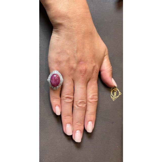 Vintage 21 Ct Star Oval Natural Ruby Cabochon & 2.45 Ct Diamond Ring , Platinum For Sale - Image 11 of 18