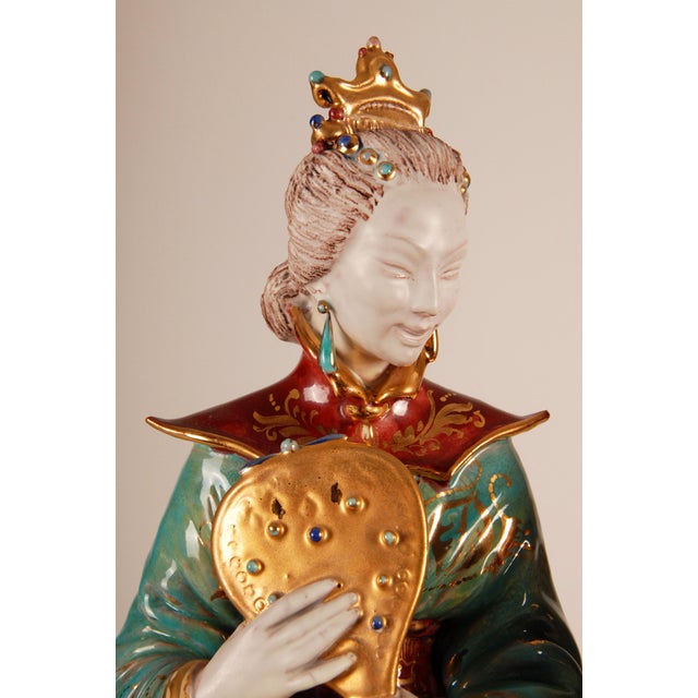 Turquoise Vintage Italian Ceramic Sculptures Chinoiserie Glazed Terracotta Figures - A Pair For Sale - Image 8 of 15