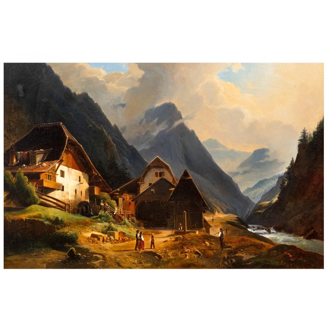 ALPINE VILLAGE SCENE Continental School, late 19th century Oil on canvas, unsigned 29 1/2" H x 41 1/2" W (framed) 24 5/8"...