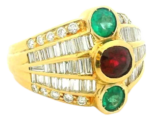 1980s Italian Emerald, Ruby & Diamond Cocktail Ring in 18k Gold, Size 6