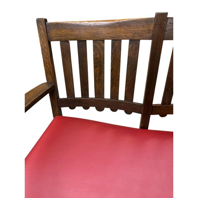 Classic Stickley Brothers two-seat settle with new deep red leather seat . Also pictured here is a catalog photo of the...