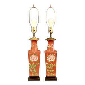 Pair 1970s Chinese Porcelain Chinoiserie Square Lamps Vase Famille Rouge
