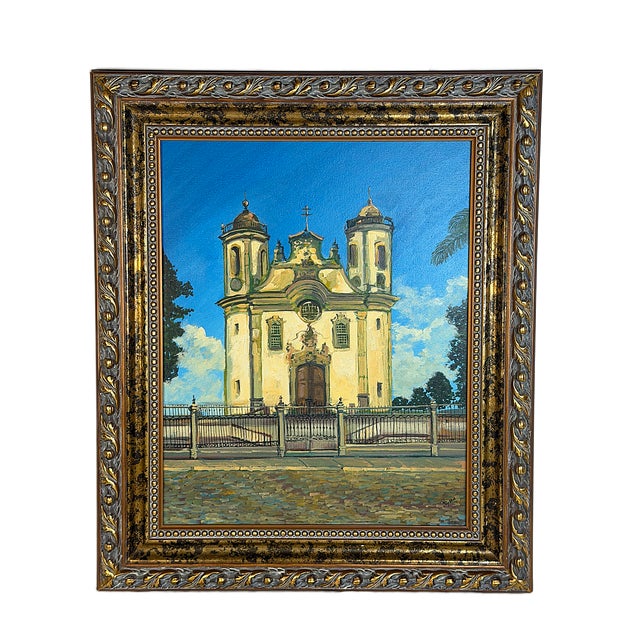 Traditional Vintage Spanish Colonial Church Oil Painting in Ornate Gilt Frame For Sale - Image 3 of 5