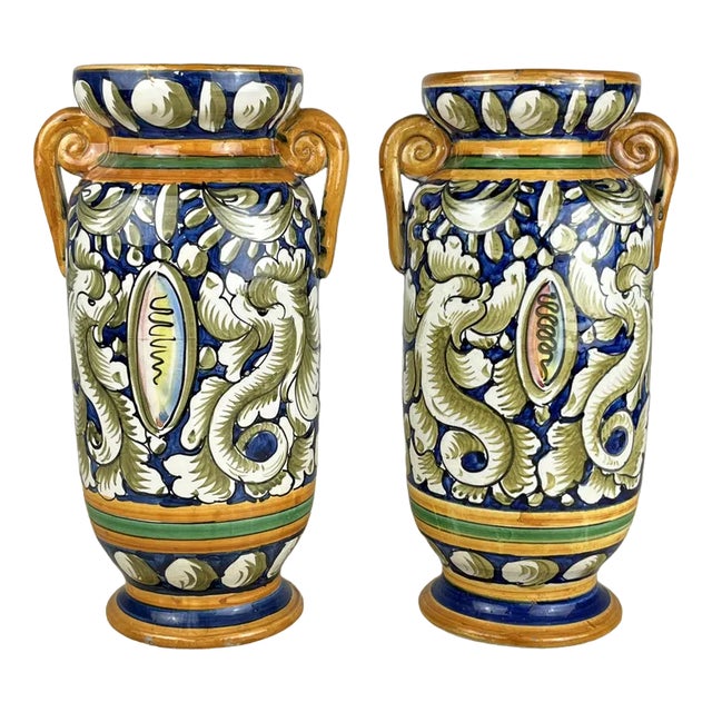 Painted and Handmade Ceramic Amphoraes of Caltagirone, 1980s, Set of 2 For Sale