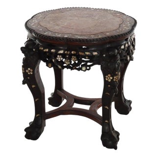 1920s Chinese Floral Carved Rosewood Rouge Marble Top Stand With Mother of Pearl Inlay For Sale