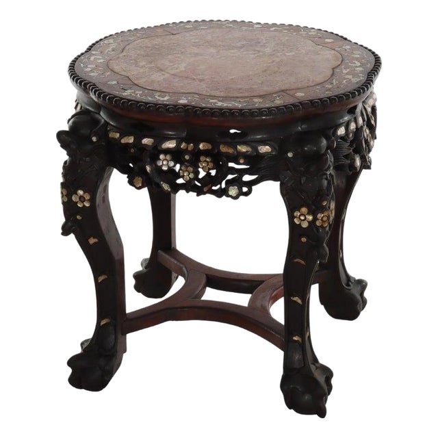1920s Chinese Floral Carved Rosewood Rouge Marble Top Stand With Mother of Pearl Inlay For Sale