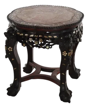 1920s Chinese Floral Carved Rosewood Rouge Marble Top Stand With Mother of Pearl Inlay