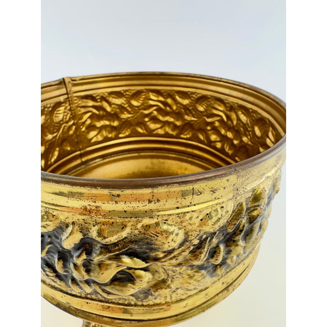 Vintage English Embossed Brass Footed Planter Cachepot For Sale - Image 4 of 10