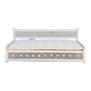 Large Hand-Carved Floral Jali White Daybed Sofa