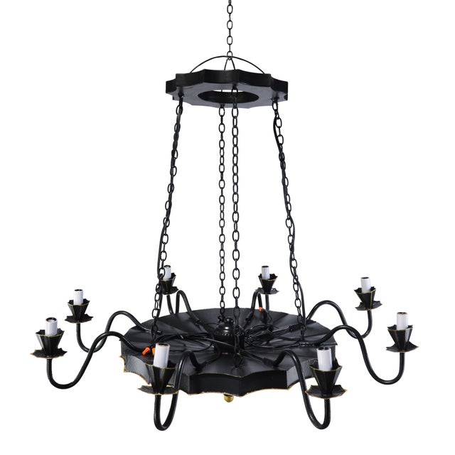 Vintage Handcrafted Iron Black and Gold 8-Light Pendant Chandelier For Sale - Image 9 of 10