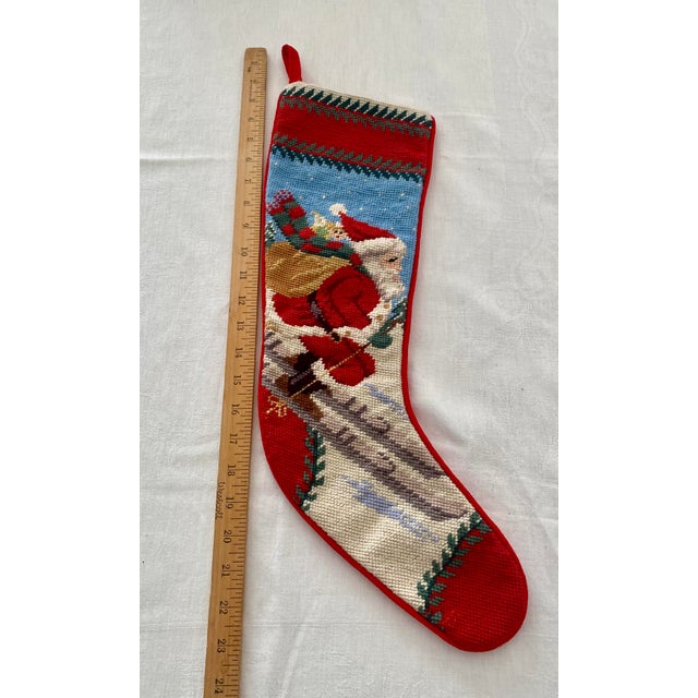 Late 20th Century Vintage Skiing Santa Claus 100% Wool Needlepoint Christmas Stocking 1991 Peking Handicraft Excellent Condition For Sale - Image 5 of 13