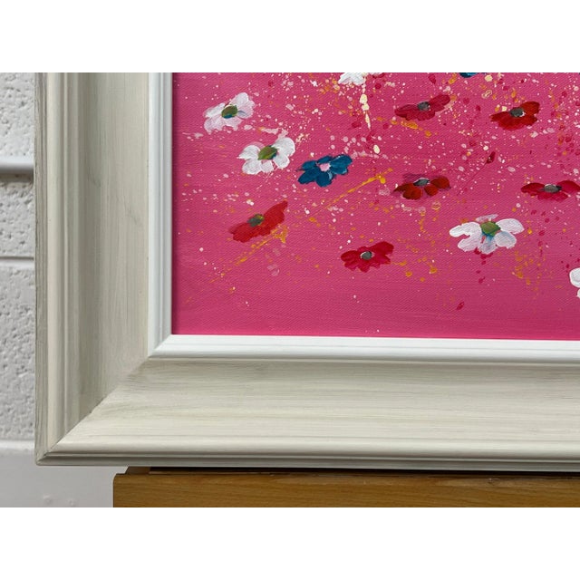 Abstract White & Turquoise Flowers on Pink Background by Contemporary Artist, 2023 For Sale - Image 6 of 12