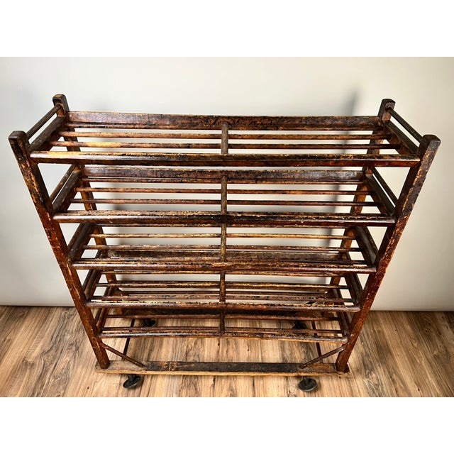Antique Oak Shoe Factory Rolling Rack on Original Industrial Casters C. Late 19th Century For Sale - Image 11 of 15