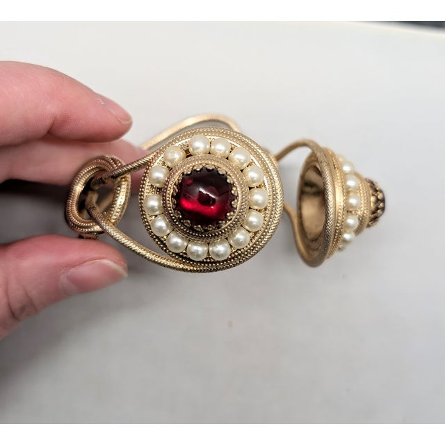 Napier Vintage 1950s Signed Napier Goldtone Cabochon Faux-Garnet & Faux-Pearl Cuff Bracelet For Sale - Image 4 of 13