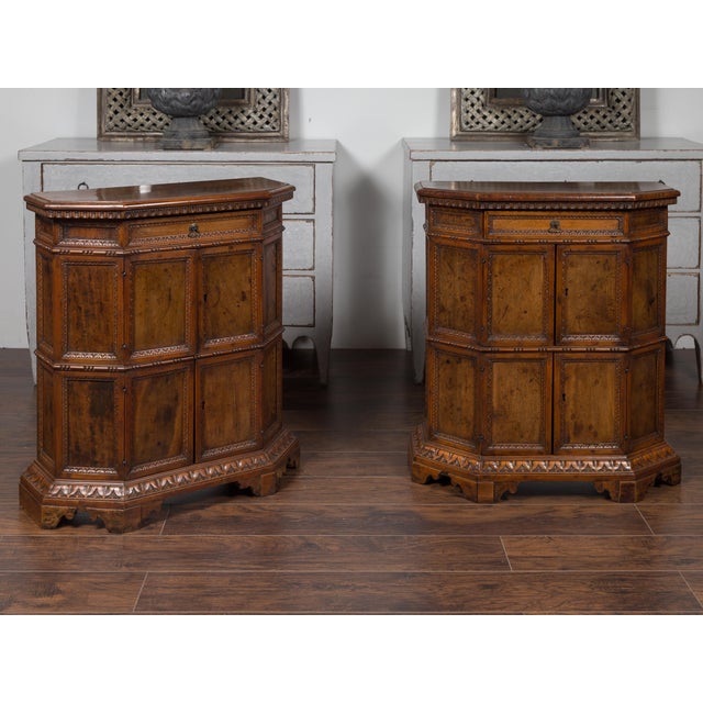 Wood Pair of 1800s Italian Carved Walnut Cabinets with Canted Sides, Drawer and Doors For Sale - Image 7 of 12