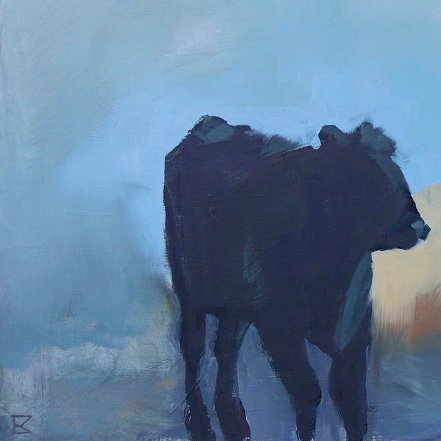 Early 21st Century Herd Rhythm by Emma Kalff | Oil on panel Painting of two silhouetted cows against a blue background For Sale - Image 5 of 5