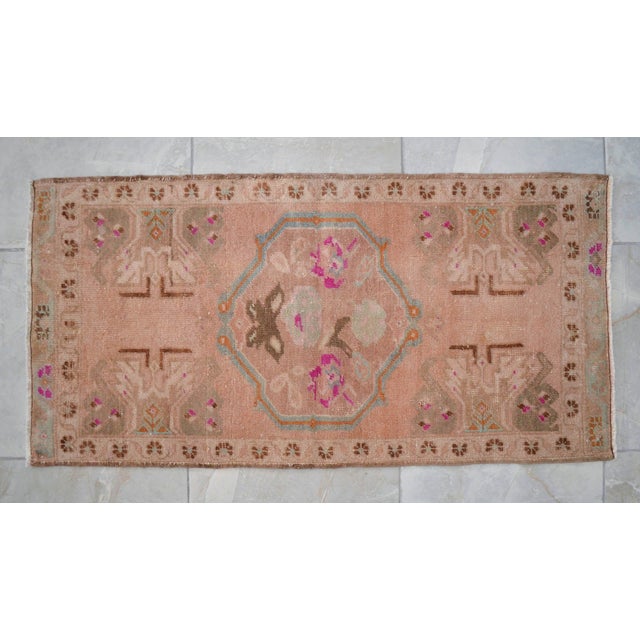 1960s Front of Bath Sink Rug Hand Made Kitchen Mat Muted Color Small Rug Laundry Room Decor - 1'10" X 3'7" For Sale - Image 17 of 18
