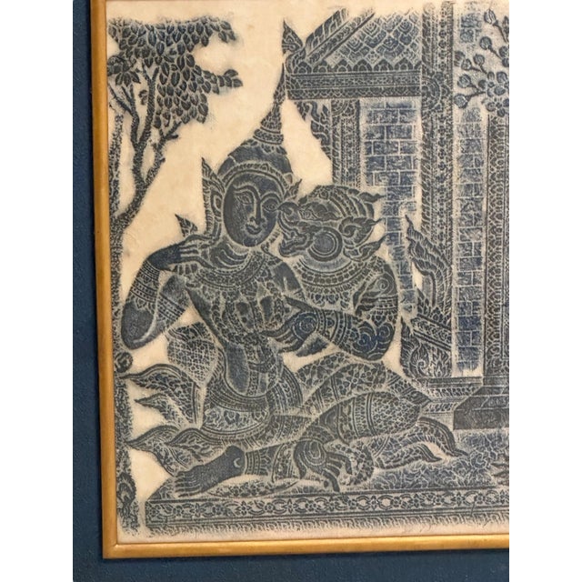 Wood Framed Pair of Thai Blue Temple Rubbings on Rice Paper With Blue Matting For Sale - Image 7 of 11