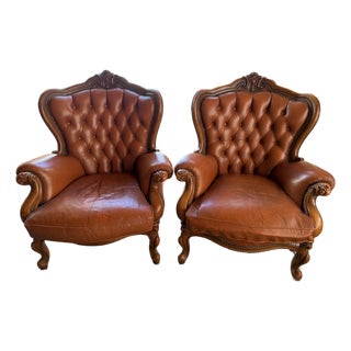 Pair of Victorian Style Tufted Leather Armchairs With Carved Wood Frames, Vintage For Sale