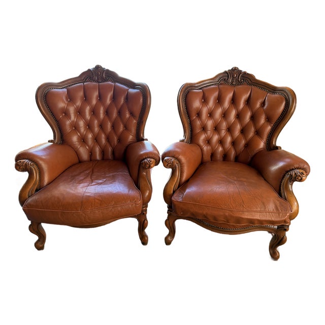 Pair of Victorian Style Tufted Leather Armchairs With Carved Wood Frames, Vintage For Sale