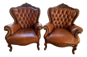 Pair of Victorian Style Tufted Leather Armchairs With Carved Wood Frames, Vintage