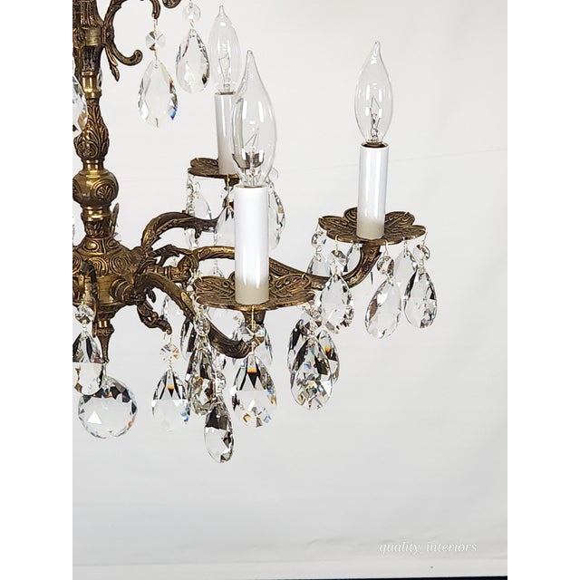 Vintage 6 Arm 6 Light Dark Patina Swanky Brass Cut Lead Glass Crystal Chandelier For Sale - Image 9 of 12