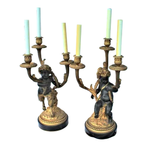 1990s Cherubs Gold Finish Candelabra Lamps - a Pair