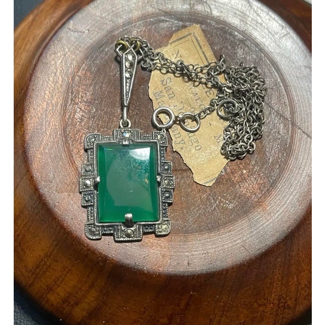 1920s Art Deco Silver Chrysoprase Marcasite Necklace For Sale - Image 9 of 9