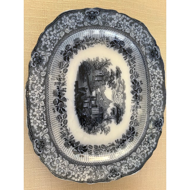 Antique Mid-19th Century Ridgways “Grecian” Blue Transferware Graduated Platters (15”, 17”, & 19”) - Set of 3 For Sale - Image 9 of 12