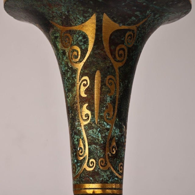 Bronze Gu Vase With Gold Inlay & Inscribed Markings, Archaic Scroll Motif, Tall Flared Ritual Style Bronze Vessel For Sale In Los Angeles - Image 6 of 9