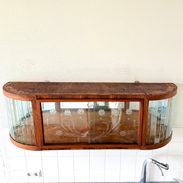 Wood Art Deco Style Wall-Mounted Display Cabinet with Floral Engraving, 1950s For Sale - Image 7 of 15