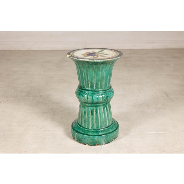 Early 20th Century Antique Annamese Green Glazed Ceramic Pedestal with Floral Medallion For Sale - Image 5 of 12