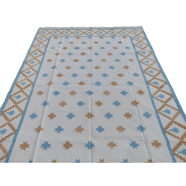 Textile Handmade Cotton Vegetable Dyed White, Sky Blue and Tan Star and Gingham Rug - 8'x10' For Sale - Image 7 of 10