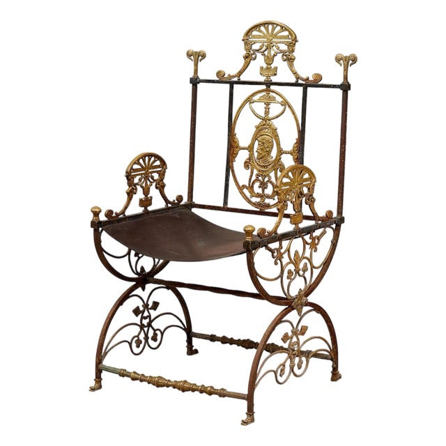 Fireside Antique Chair With Wrought Iron and Cast Brass For Sale