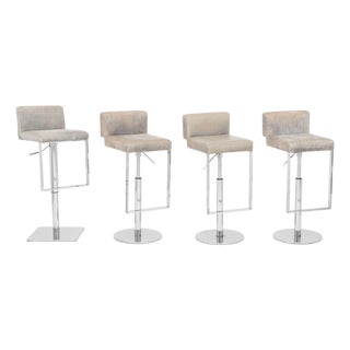 Modern Gray Leather and Chrome Bar Stools, 4 For Sale