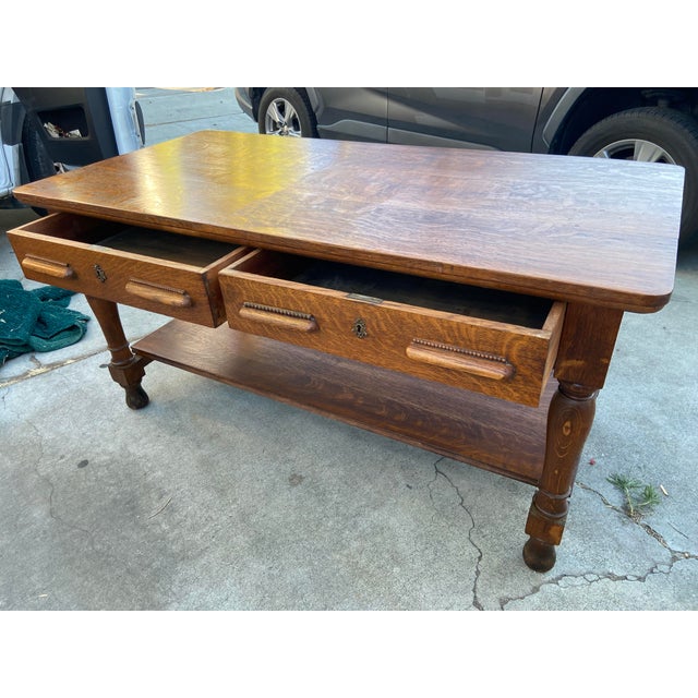 Antique Arts and Crafts Oak Library Desk Writing Table Wirh Shelf Mission Style For Sale - Image 18 of 18